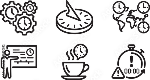 Set of simple black line icons representing time management and productivity concepts