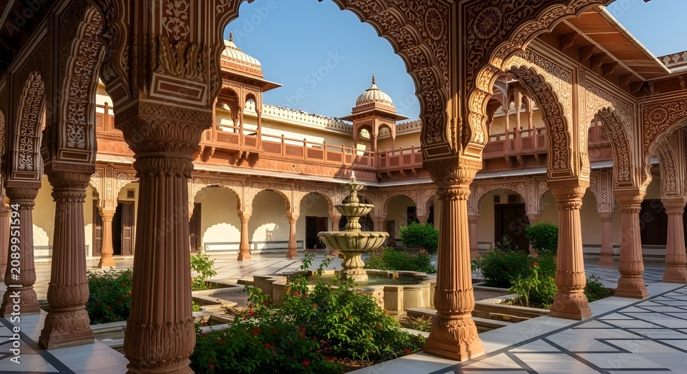 Obraz premium Traditional courtyard of a Rajasthani palace with arches and ornamental fountains. Concept of architectural heritage, royal design, cultural tradition, and historical elegance.