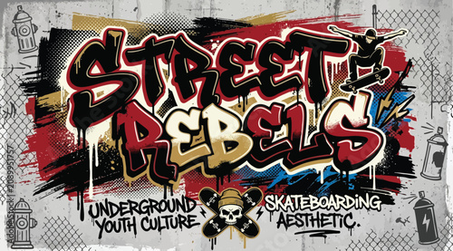 Εκτύπωση καμβά Street rebels graffiti typography design with skateboarder and urban elements