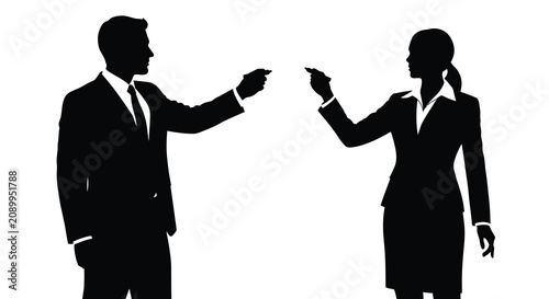 Fotografie Two businesspeople in suits pointing at each other a stark black silhouette adul