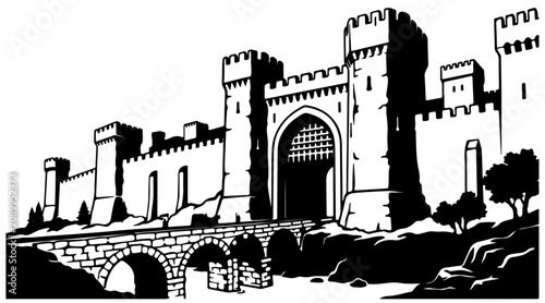 Photos Medieval Fortress with Stone Arch Bridge and High Towers Black and White Stencil