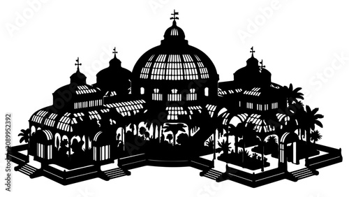 Bild auf Leinwand Intricate Black and White Silhouette of a Grand Victorian Conservatory Greenhous