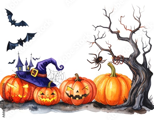 Halloween pumpkins and black cat decoration on porch.