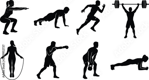 Cuadro en lienzo Fitness workout and gym training silhouette icon set featuring athletic men and