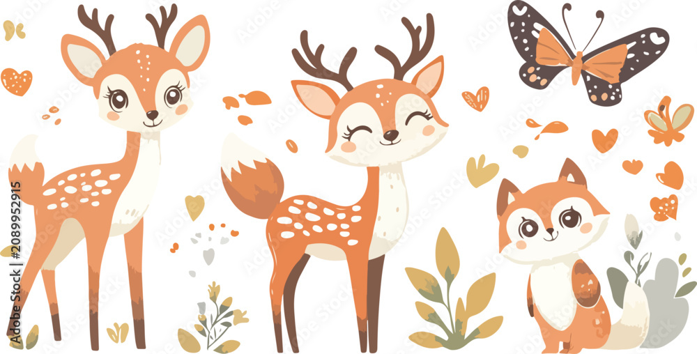 Fototapeta premium Seamless Pattern with Cute Deer and Fox Wildlife Illustrations, Cartoon Forest Animals with Antlers, Reindeer and Stag Silhouettes for Winter Nature Background Design