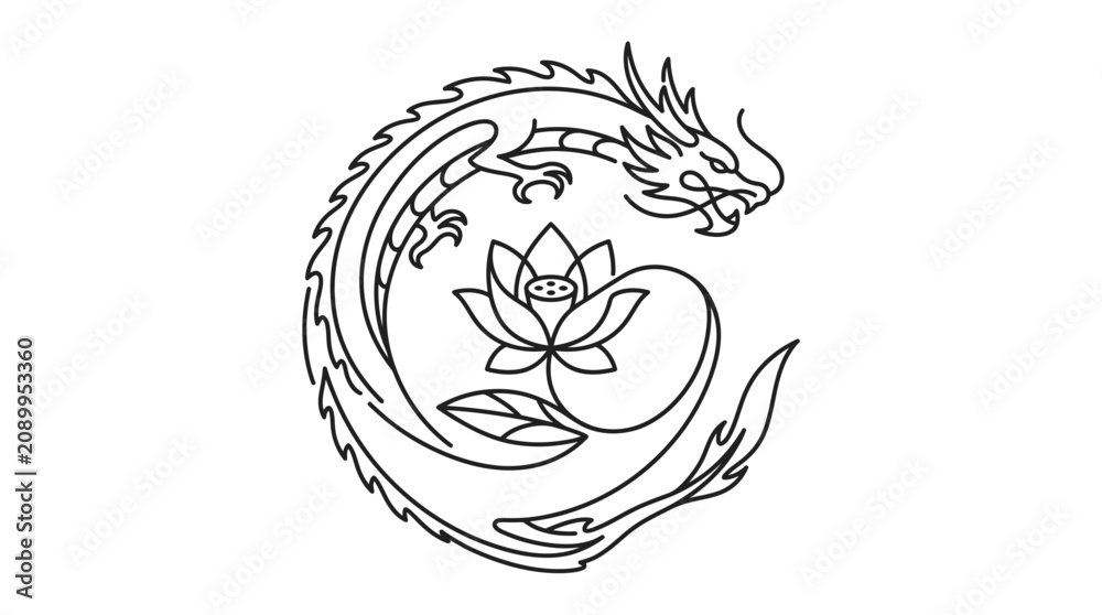 Obraz premium Traditional Dragon and Lotus Flower Line Art Tattoo Design
