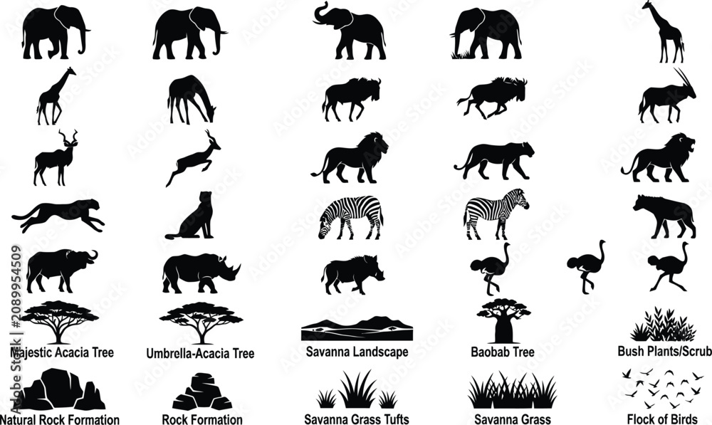 Fototapeta premium African Savanna Wildlife Silhouette Collection with Animals Trees Grass Landscape Vector Illustration Set Bundle Pack