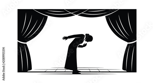 Obraz na płótnie Woman bowing on stage with draped curtains a dramatic black silhouette actor act
