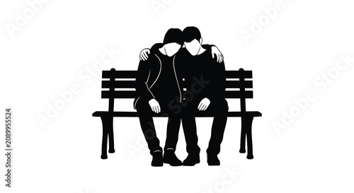 Tableau sur toile Couple sitting on a park bench embracing depicted as a black silhouette pair duo