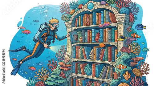 Scuba diver searching for knowledge in an underwater library