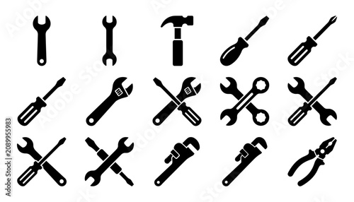 Tableau sur toile Wrench and Screwdriver Tools Icon Set with Solid Black Silhouettes for Maintenan