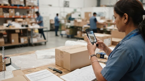 Woman using smartphone documenting package in warehouse