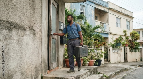 Service worker arriving home carrying tool case