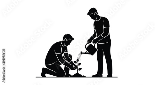Photos Two men gardening with a plant and watering can black and white silhouette garde