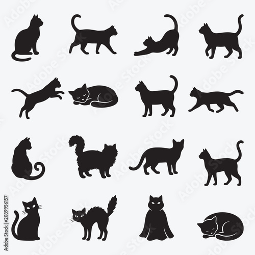 Black Cat Silhouette Bundle with 16 Halloween Cat Poses Isolated Vector Collection
