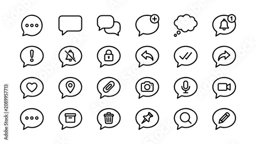 Set of Outline Speech Bubble Icons for Digital Communication and Messaging Interface Design