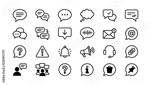 Communication and Messaging Icons Set Featuring Speech Bubbles and Notification Symbols Vector