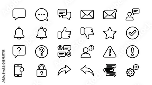 Collection of Social Media Communication Icons in a Minimalist Black Outline Vector Style