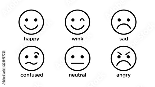 Set of six circular line art emoticons showing various human facial expressions and emotions