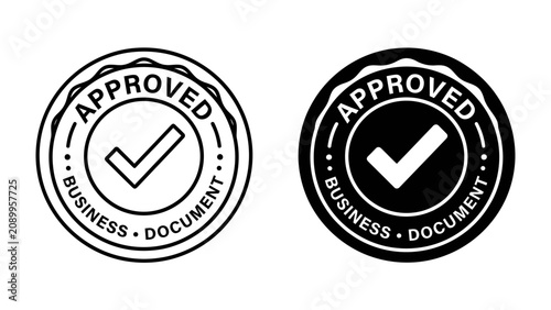 Картината върху платно Approved Stamp Variations: Two circular stamps, one outlined and one solid black, both featuring the word Approved and a checkmark, signifying official validation for business documents