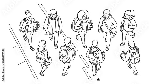 Isometric Group of Students Walking with Backpacks and Books in a Minimalist Line Art Style