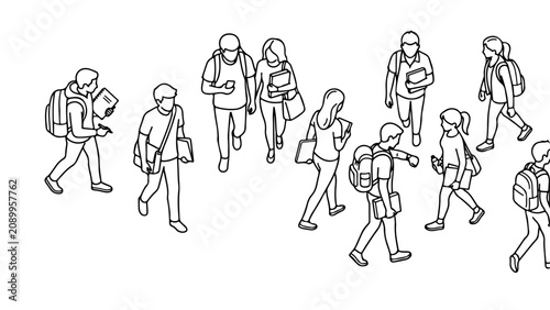 Walking Students Group in Isometric View Vector Illustration with Backpacks and Notebooks Outline