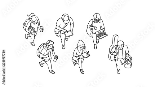 Walking People Group Isometric View Illustration in Minimalist Black and White Line Art Style