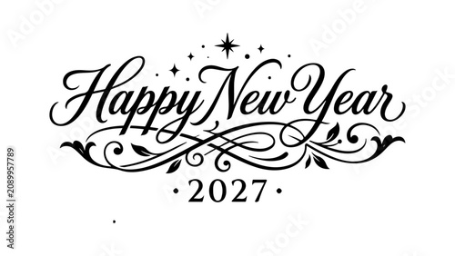 Elegant Happy New Year 2027 Calligraphy Typography Design with Decorative Flourish Elements
