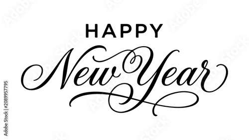 Happy New Year Calligraphy Text Design on White Background in Elegant Script Style