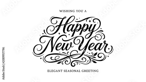 Calligraphic Happy New Year Lettering Design with Elegant Flourishes in a Minimalist Style