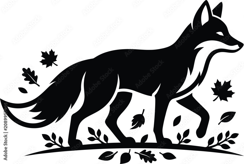 Obraz premium Fox silhouette walking among leaves and branches in black, wild animal illustration for nature, forest and wildlife design vector set