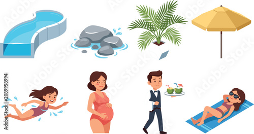 Konstfotografi Luxury Resort and Swimming Pool Vector Set with Pregnant Woman Swimmer Waiter Su