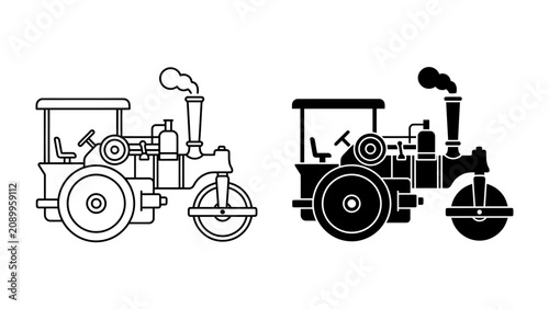 Fotografie Vintage Steamroller Set: Two stylized illustrations of a vintage steamroller, one in outline and the other as a solid silhouette, representing a classic piece of construction or industrial machinery
