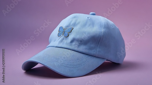 Light blue baseball cap with embroidered butterfly patch on purple background
