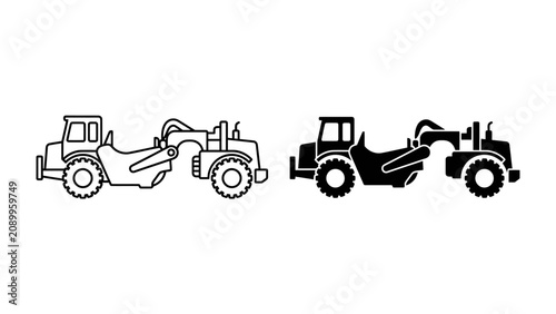Картината върху платно Earthmover Machine Icons: A set of graphic icons depicting a heavy-duty earthmover machine used in construction and mining, shown in both outline and silhouette styles