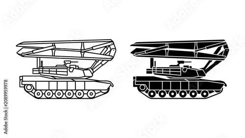 Foto Armored Rocket Launcher Vehicle: A detailed depiction of an armored vehicle equipped with a rocket launcher system, presented in both outline and silhouette for versatility