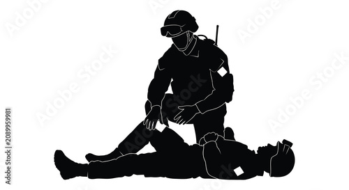 Cuadro en lienzo Soldier assisting injured comrade detailed black silhouette against a white back