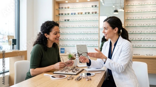 Skilled optician aids smiling female client selecting fashionable new prescription eyeglasses in a bright, modern optical store, ensuring clear vision for all