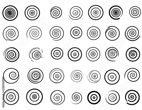 A collection of black and white spiral designs on a white background