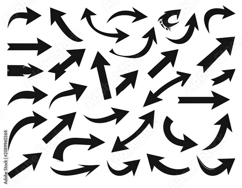 A collection of black arrows pointing in various directions on a white background