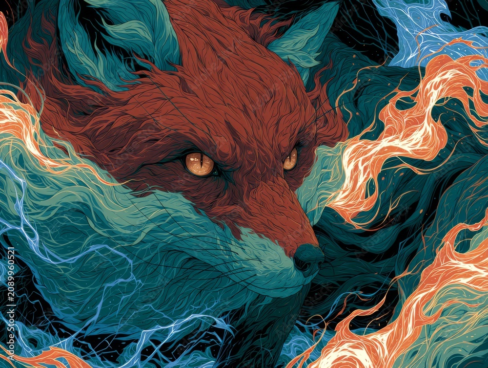 Fototapeta premium Enigmatic Fox Illuminated by Neon Flames with Glowing Amber Eyes in a Swirling Dreamscape