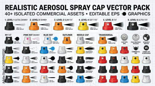 Schilderij op canvas Realistic aerosol spray cap vector pack with 40 isolated commercial assets