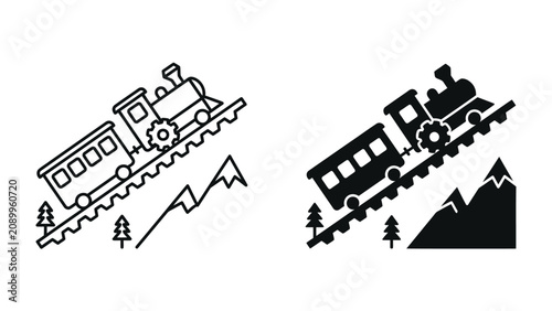 Obraz na płótnie Mountain Train Journey: A charming steam train navigates a steep mountain track, with carriages chugging uphill alongside pine trees and rocky peaks, depicted in both line art and silhouette style