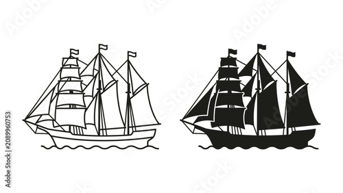 Billede på lærred Sailboat Duo: Two classic sailing ships, one outlined and one silhouetted, glide across the water, representing journey and adventure