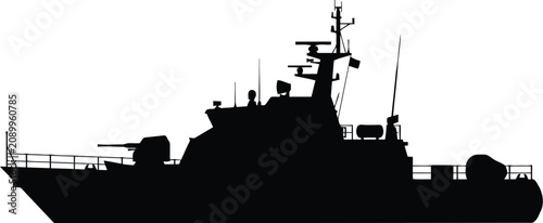 Bilde på lerret Black silhouette of a modern military patrol boat with radar and deck guns on th