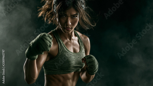 Beautiful fitness woman look very strong has muscle wearing green boxing costume , black background.