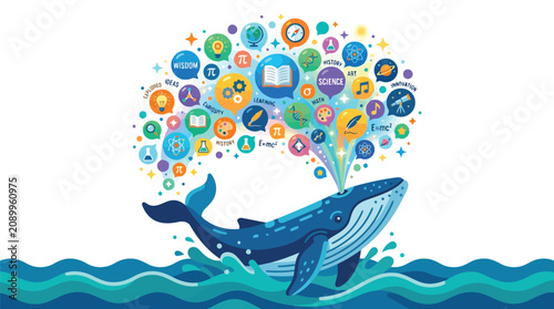 Blue whale spouting educational icons and academic symbols