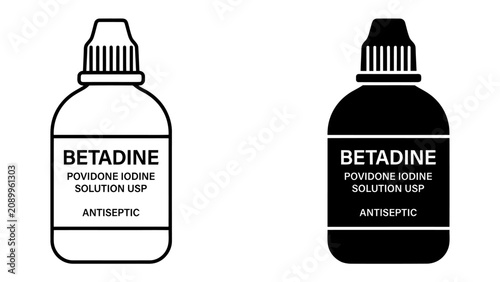 Foto Antiseptic Solution Bottle Icon: A simple vector illustration showing two bottles of antiseptic povidone iodine solution, one in outline and one in black silhouette