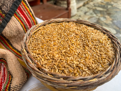 Rustic woven basket filled with raw wheat grains on a white background with a cretan traditional woven fabric. Perfect for agriculture, baking, and healthy nutrition concepts.