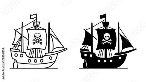 Fotografija Pirate Ship Silhouette: A classic pirate ship with a Jolly Roger flag sails on the sea, depicted in both an outline and a solid silhouette style, representing adventure and danger